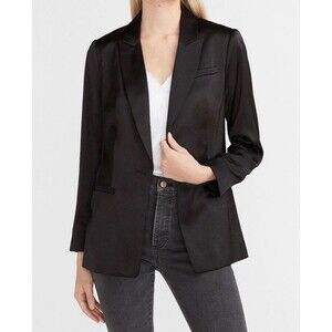 Express Satin One Button Boyfriend Blazer Black Business Casual Size Small